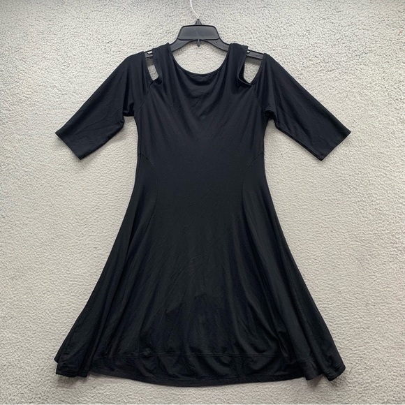 Eileen Fisher Dress Black Cold Shoulder Half 3/4 Sleeve Stretch Lagenlook Size S - Picture 8 of 10